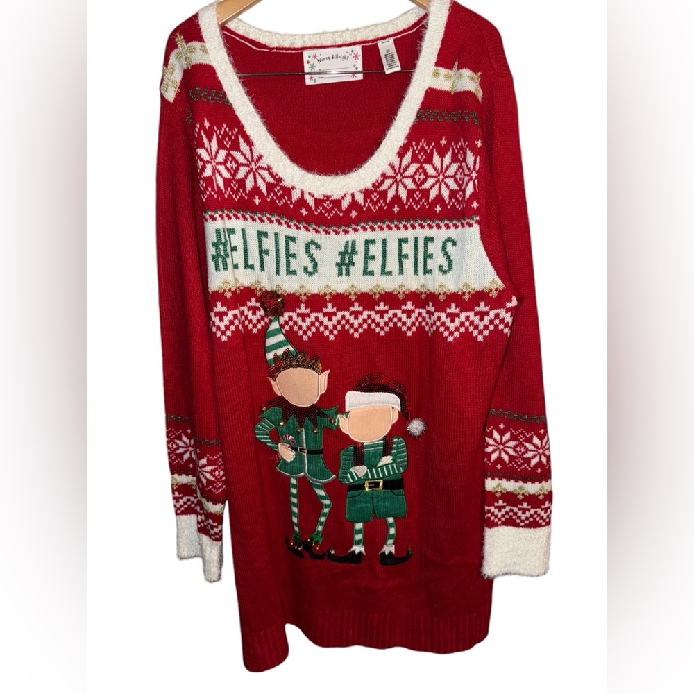 Merry & Bright Elfie Selfie Ugly Christmas Sweater tunic dress women’s 2X